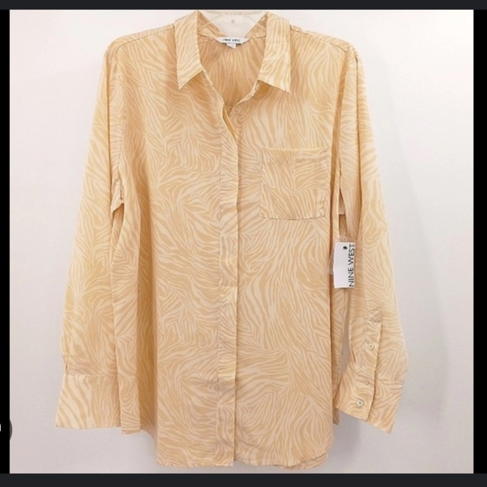 Nine West Long Sleeved Silky Printed Cream White Button Up Top Blouse XL